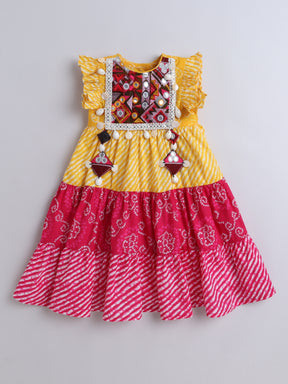 Yellow & Pink Bandhani Print Dress with Embroidered Mirror Work Yoke for Girls