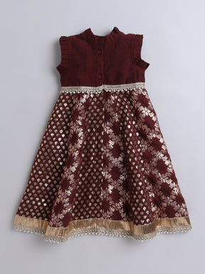 Maroon & Gold Zari Work Party Wear Dress with Pearl Accents for Girls
