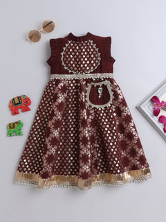 Maroon & Gold Zari Work Party Wear Dress with Pearl Accents for Girls