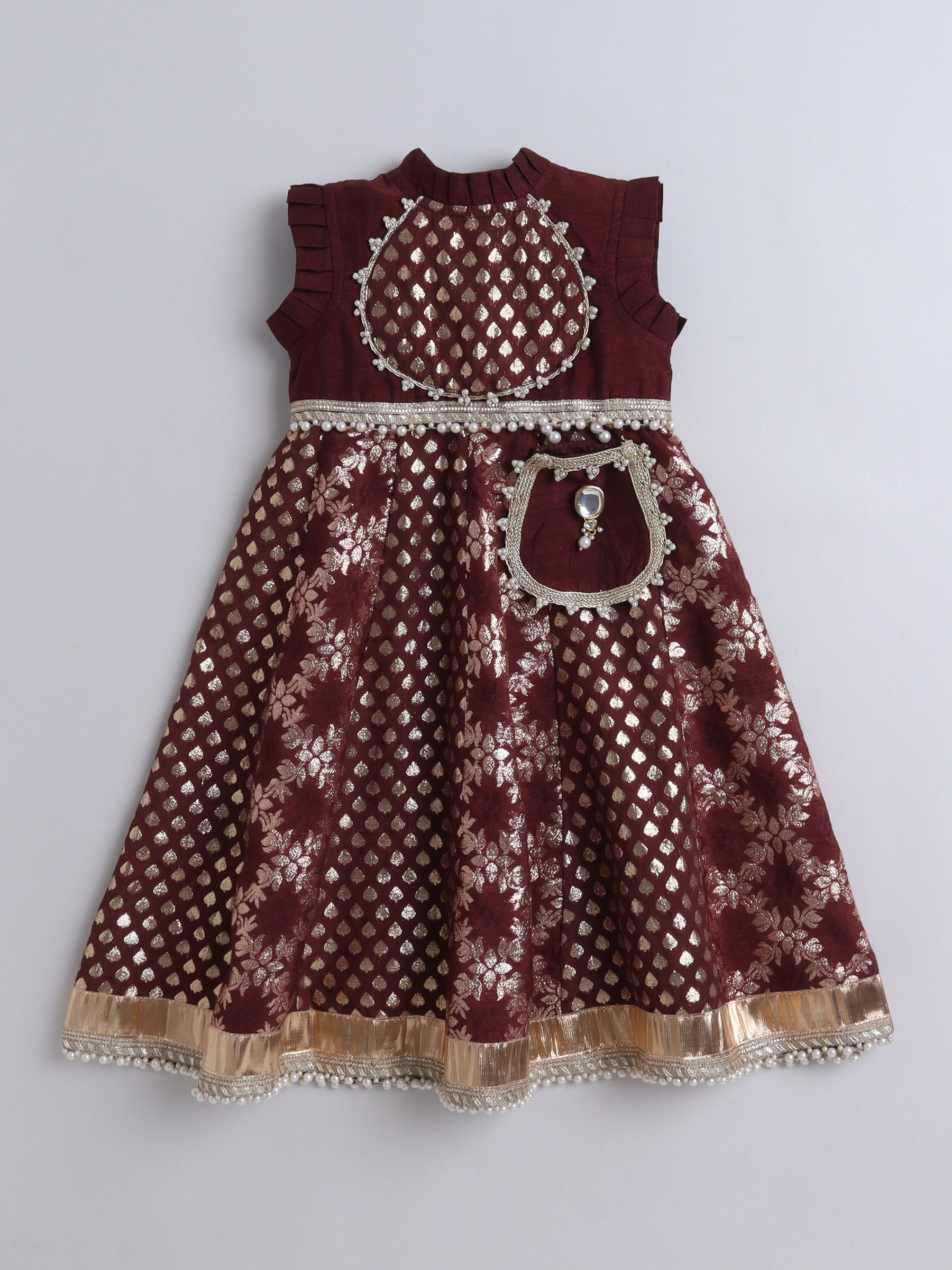 Maroon & Gold Zari Work Party Wear Dress with Pearl Accents for Girls