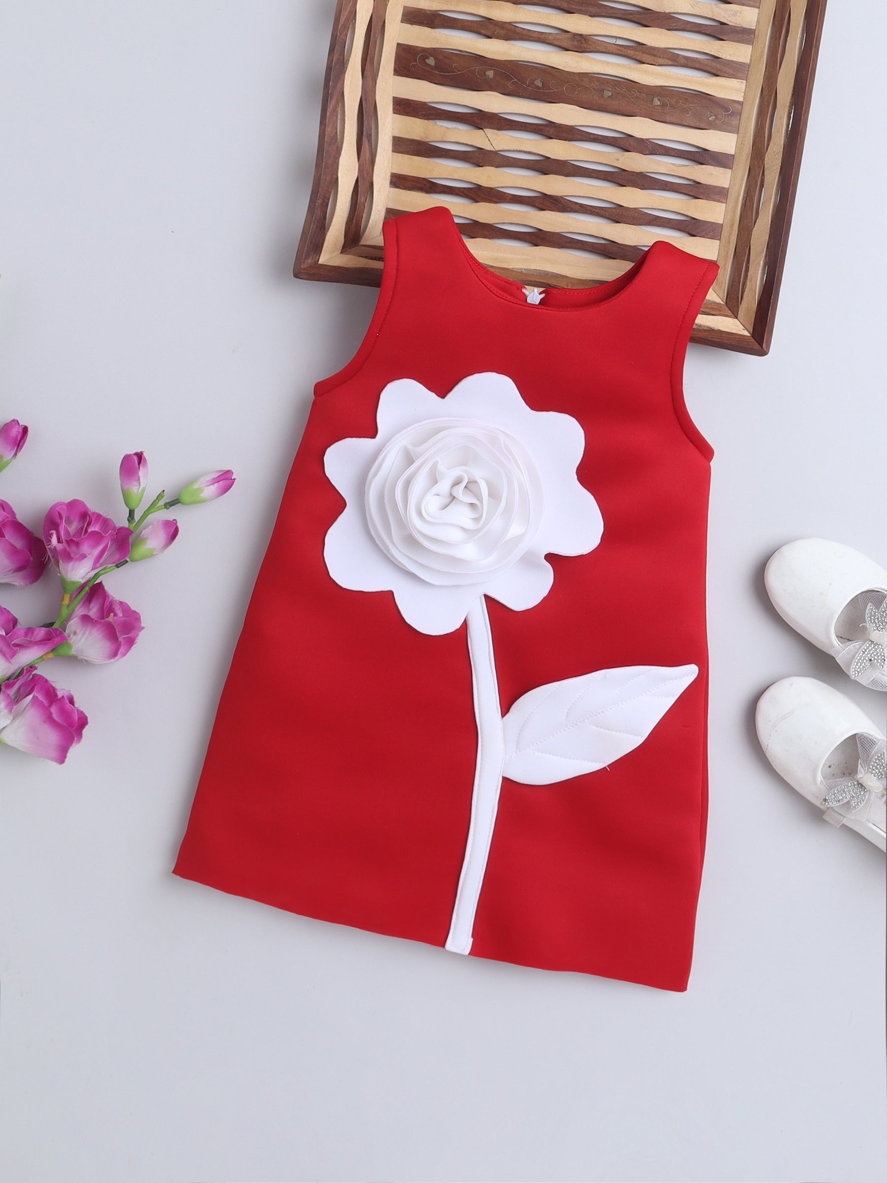 Red Dress with 3D White Flower Appliqué 🌸