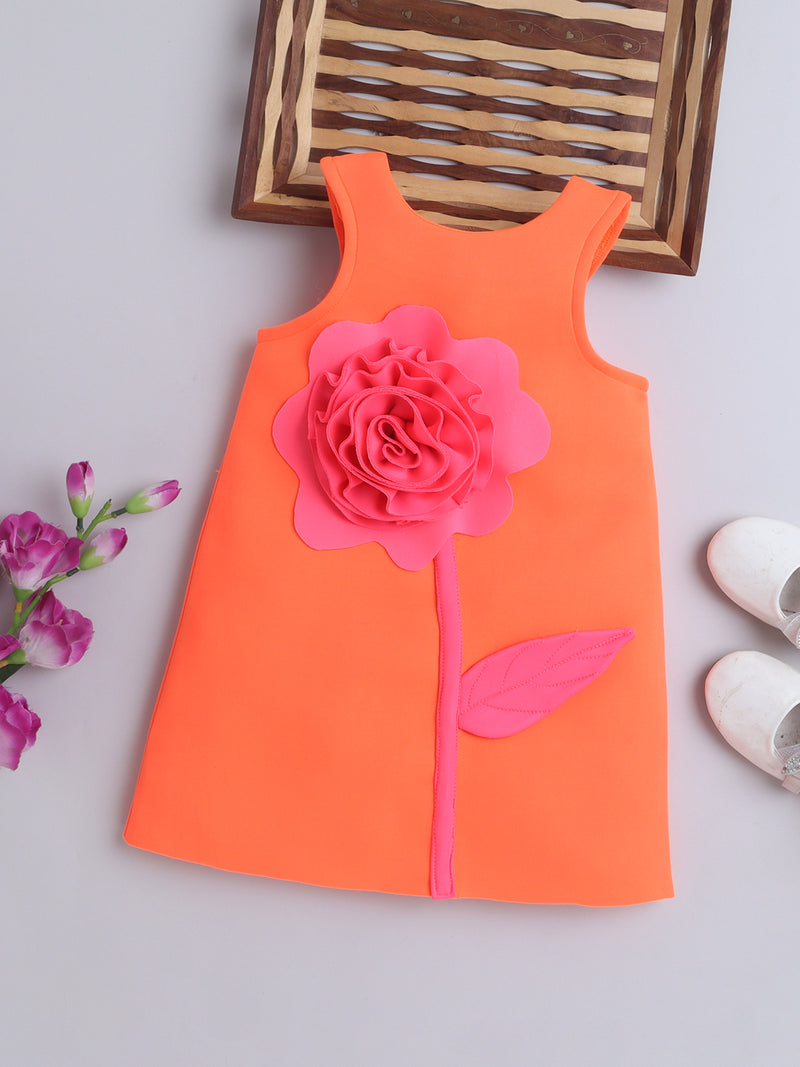 Neon Orange 3D Flower A-Line Dress for Girls
