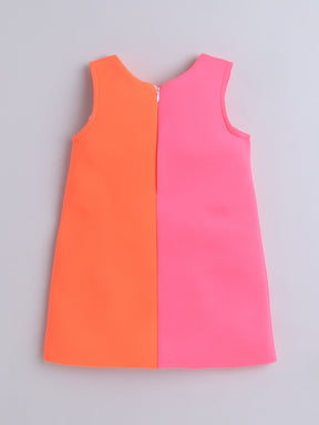 Pink & Orange Colorblock Bow A-Line Dress for Girls