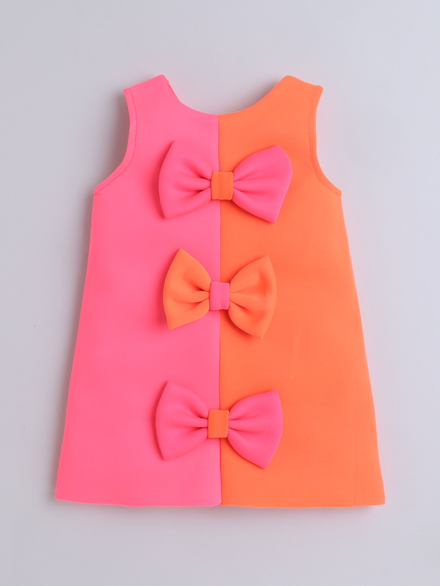 Pink & Orange Colorblock Bow A-Line Dress for Girls