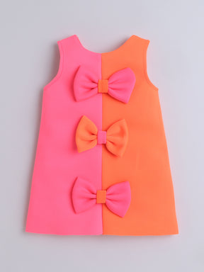Pink & Orange Colorblock Bow A-Line Dress for Girls