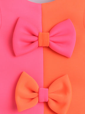Pink & Orange Colorblock Bow A-Line Dress for Girls
