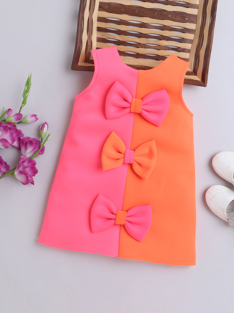 Pink & Orange Colorblock Bow A-Line Dress for Girls