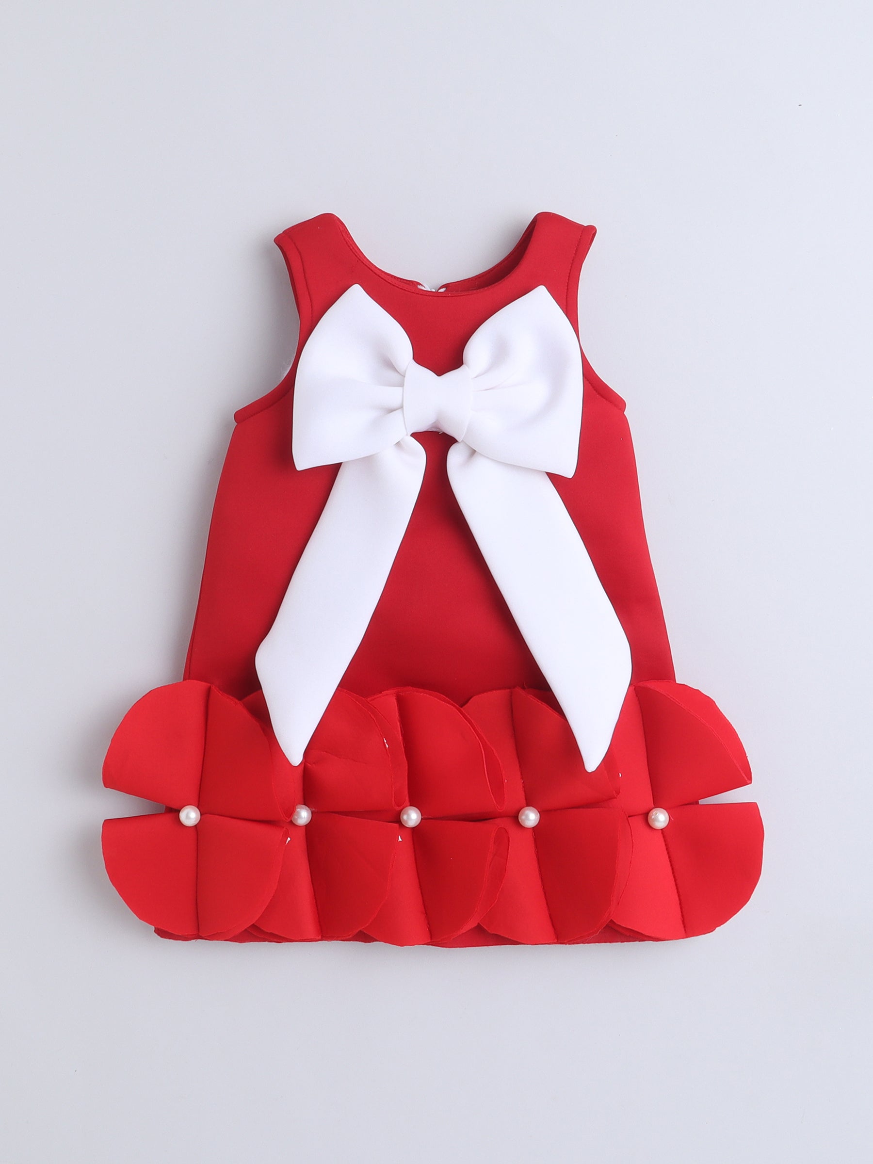Red Party Dress with Large White Bow & Pearl Flower HemRed Party Dress with Large White Bow & Pearl Flower Hem