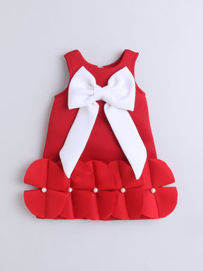 Red Party Dress with Large White Bow & Pearl Flower HemRed Party Dress with Large White Bow & Pearl Flower Hem