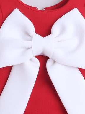 Red Party Dress with Large White Bow & Pearl Flower HemRed Party Dress with Large White Bow & Pearl Flower Hem