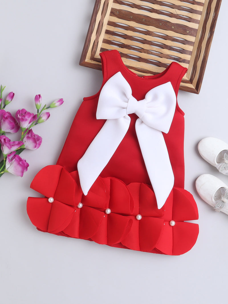 Red Party Dress with Large White Bow & Pearl Flower HemRed Party Dress with Large White Bow & Pearl Flower Hem