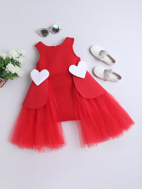 Red Tulle Party Dress with 3D Heart Appliqué for Girls
