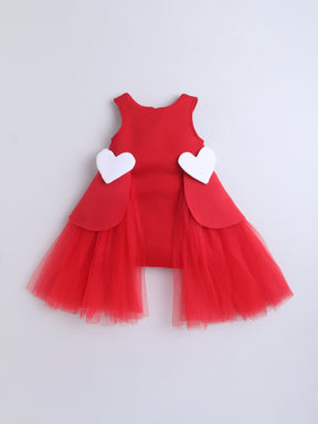 Red Tulle Party Dress with 3D Heart Appliqué for Girls