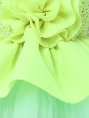 "Neon bloom tutu gown – bold flower accent and vibrant charm for your little star."