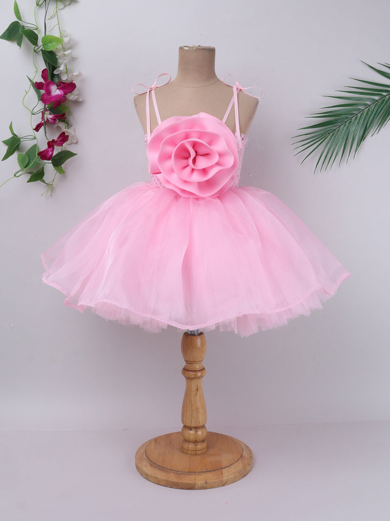 "Whimsical Pink Tulle Dress with Oversized Rose Detail – Perfect for Little Princesses!