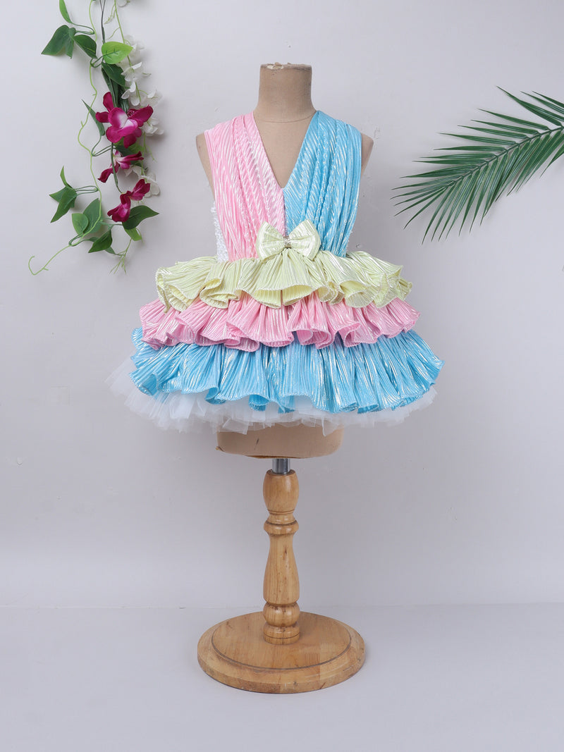 "Pastel rainbow layered tutu gown – vibrant, playful, and perfect for special celebrations."