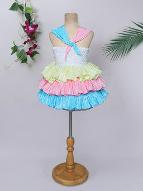 "Pastel rainbow layered tutu gown – vibrant, playful, and perfect for special celebrations."