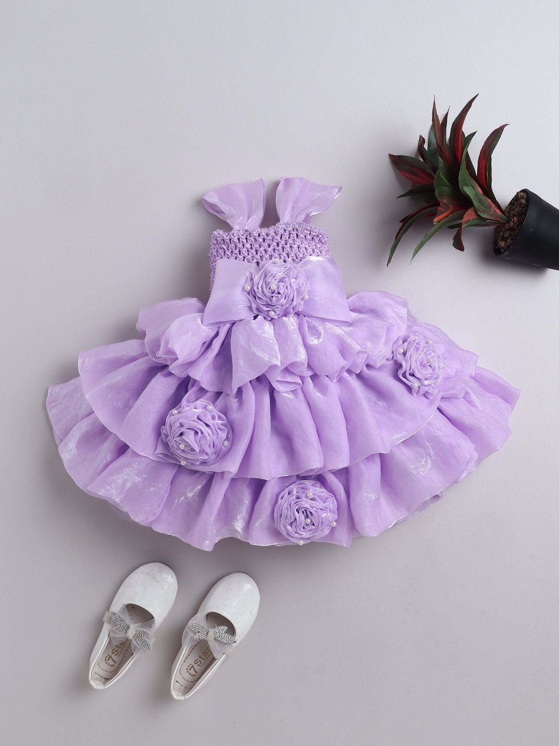 Rosette Bow Embellished Ruffle Tutu Party Dress