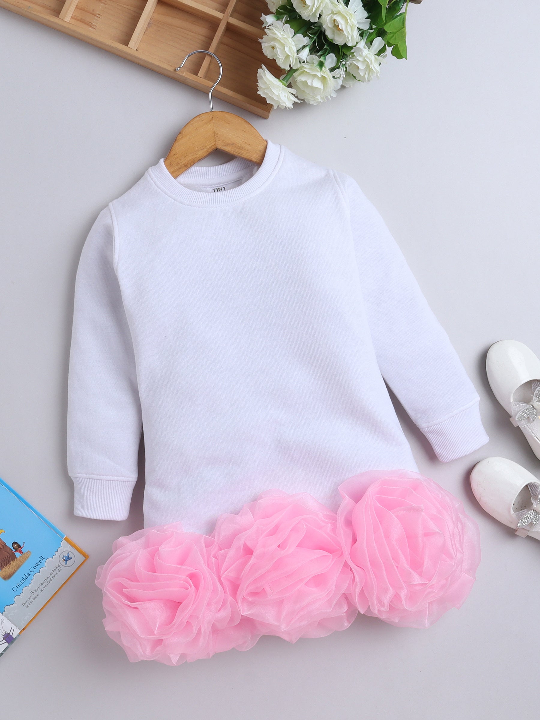 Black & White Ruffle Organza Floral Knee Length Sweatshirt Dress