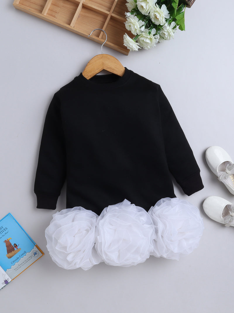 Black & White Ruffle Organza Floral Knee Length Sweatshirt Dress