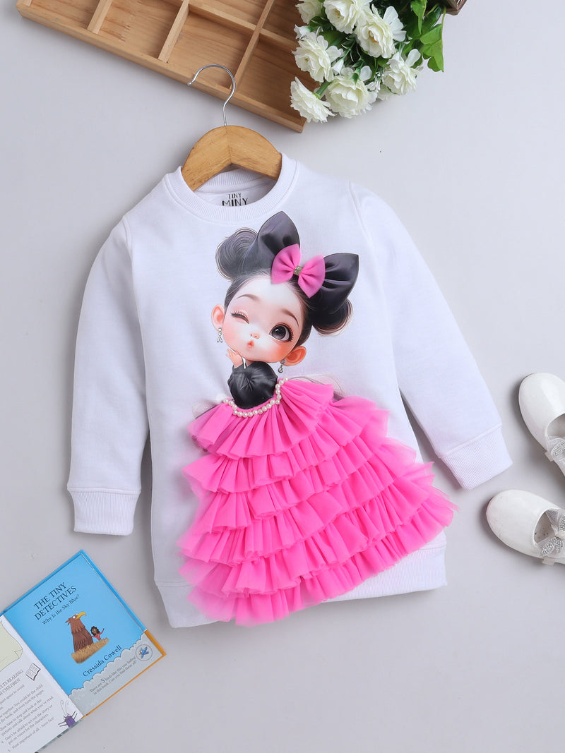 White Girl & Pink Ruffle Knee Length Sweatshirt Dress