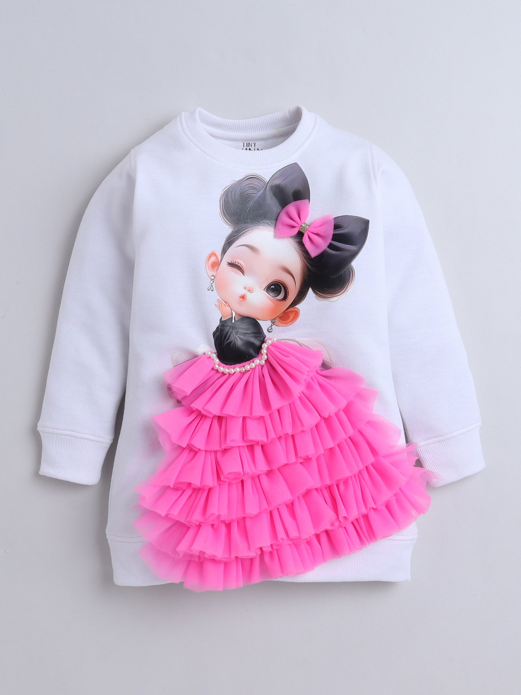 White Girl & Pink Ruffle Knee Length Sweatshirt Dress