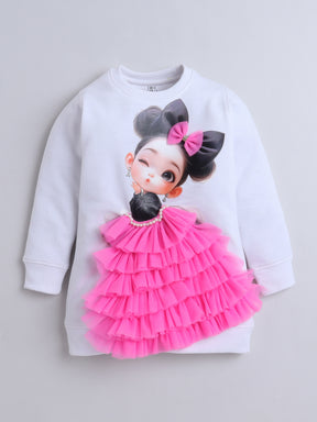 White Girl & Pink Ruffle Knee Length Sweatshirt Dress
