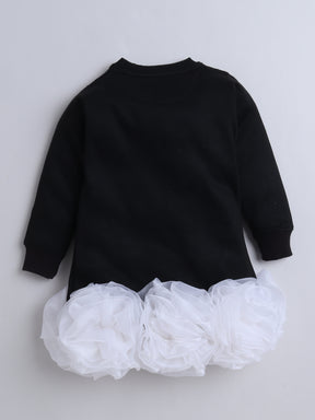 Black & White Ruffle Organza Floral Knee Length Sweatshirt Dress