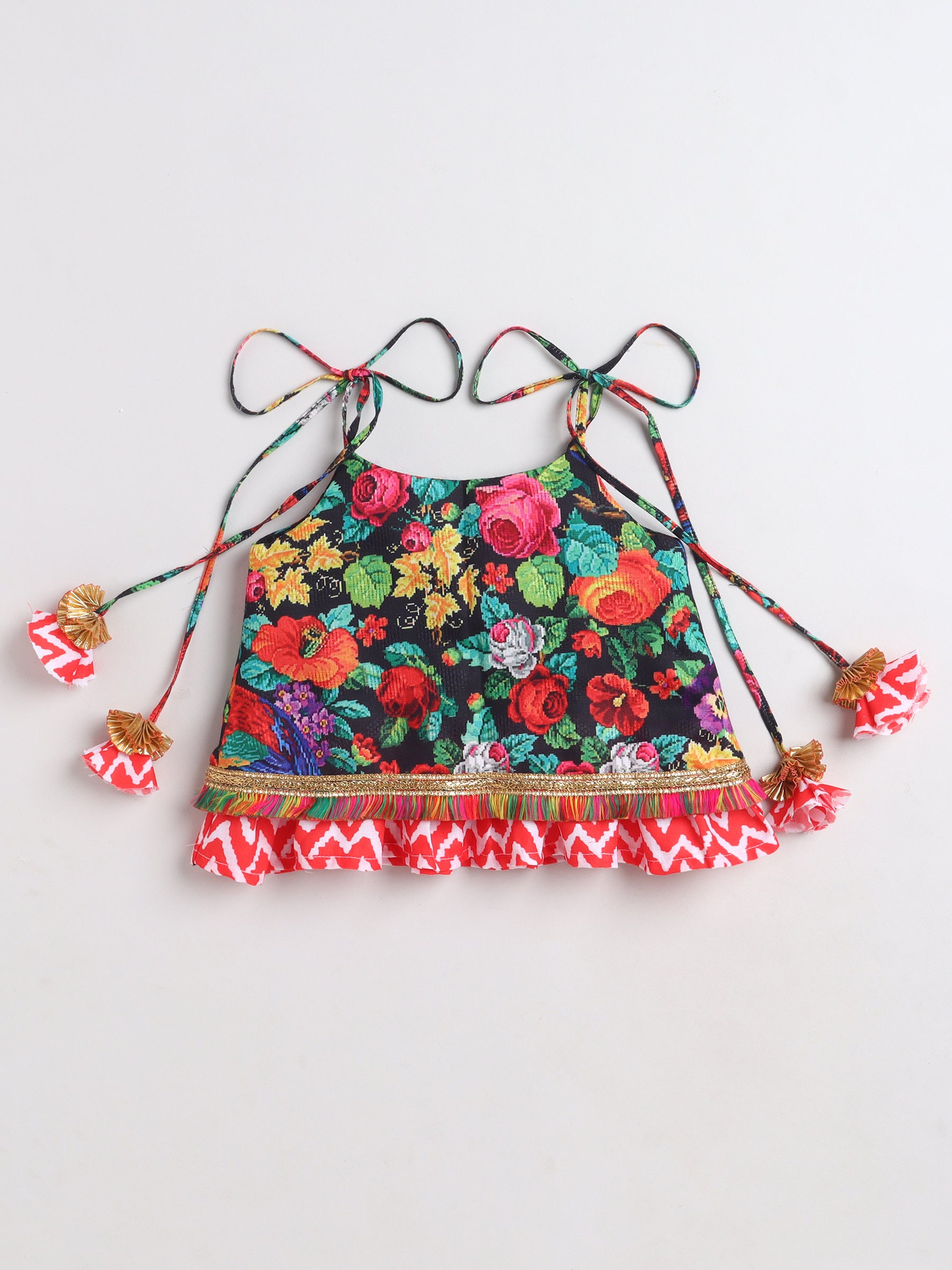 Girls Multicolour Floral Printed Chaniya Choli with Tassel Detailing