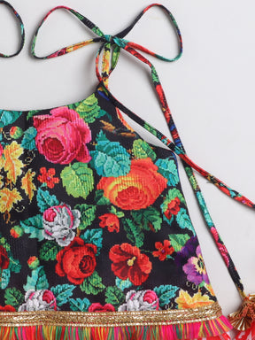 Girls Multicolour Floral Printed Chaniya Choli with Tassel Detailing