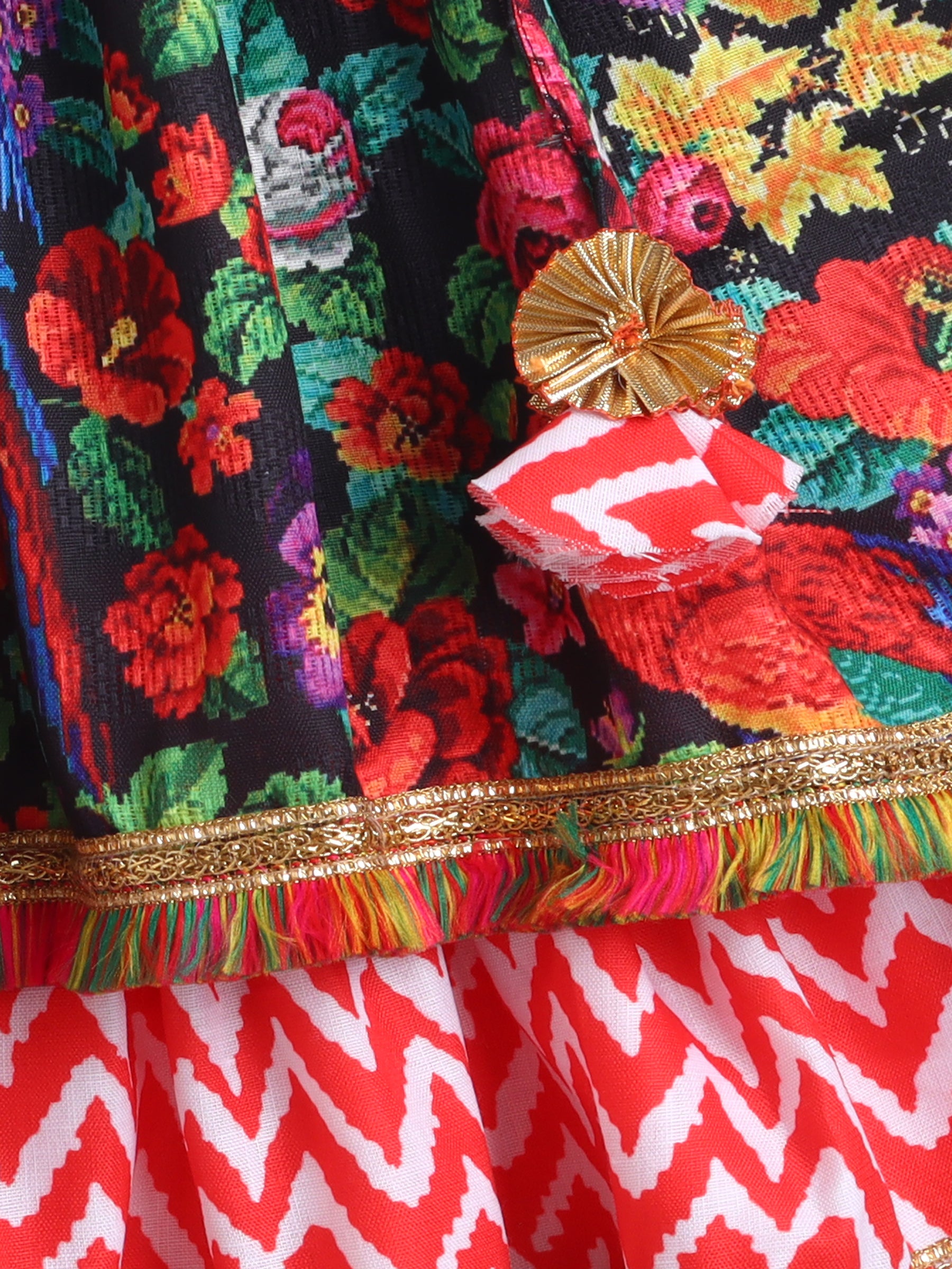 Girls Multicolour Floral Printed Chaniya Choli with Tassel Detailing