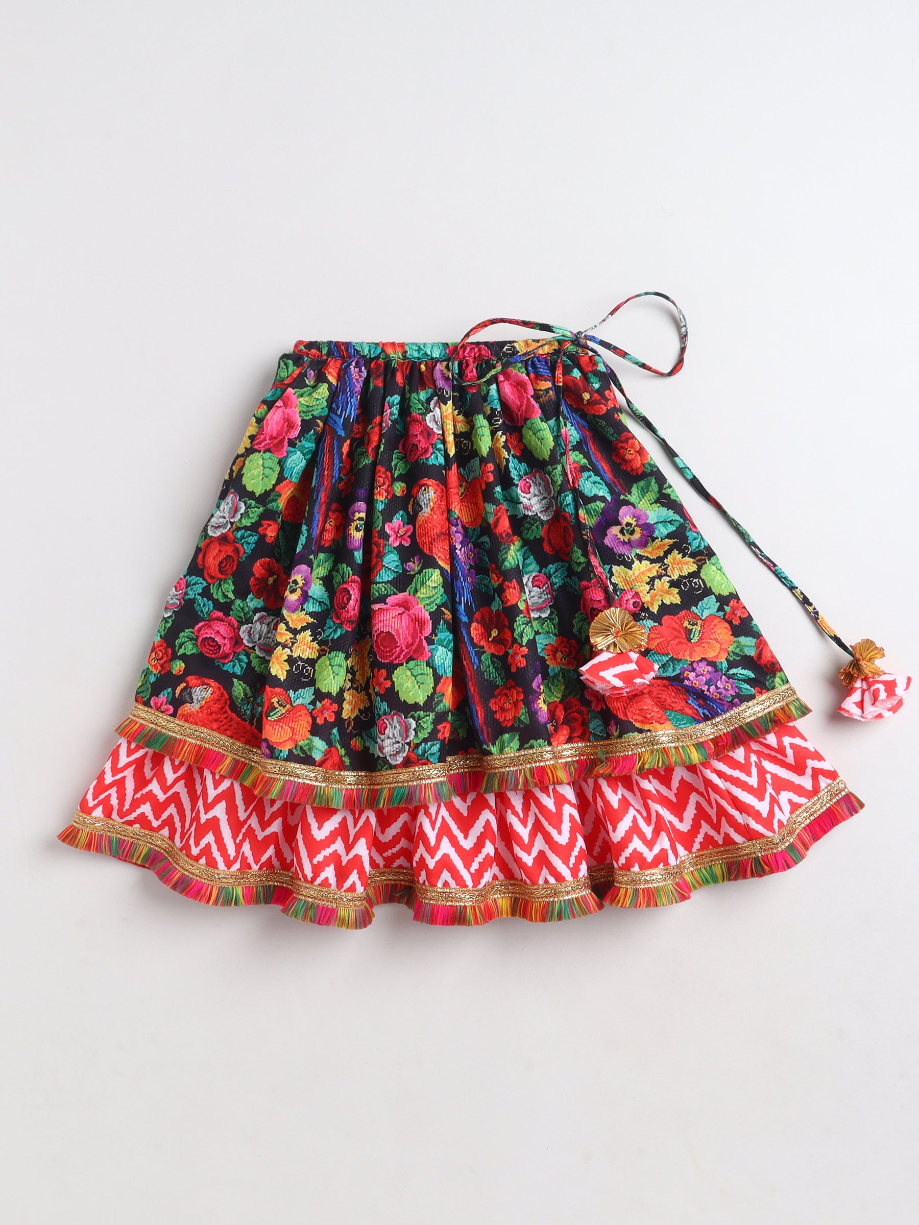 Girls Multicolour Floral Printed Chaniya Choli with Tassel Detailing