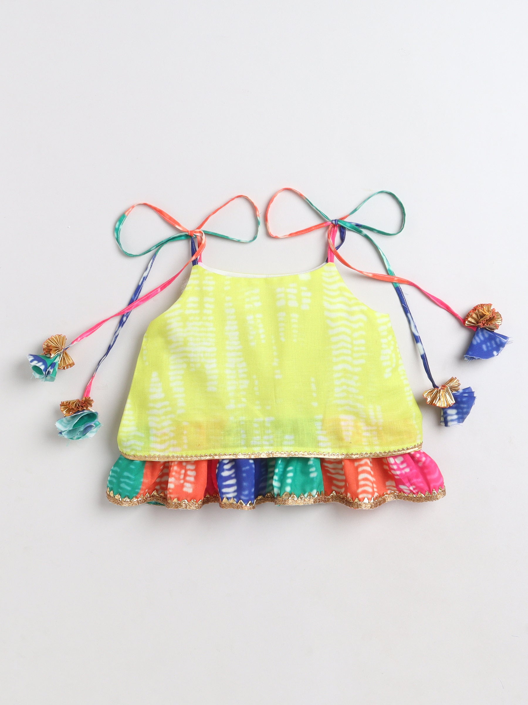 Girls Lime Green Tie-Dye Printed Chaniya Choli with Multicolour Layered Skirt & Tassel Detailing