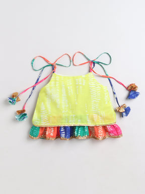 Girls Lime Green Tie-Dye Printed Chaniya Choli with Multicolour Layered Skirt & Tassel Detailing