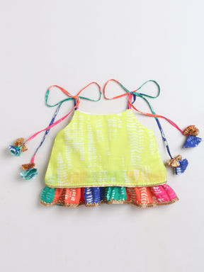 Girls Lime Green Tie-Dye Printed Chaniya Choli with Multicolour Layered Skirt & Tassel Detailing