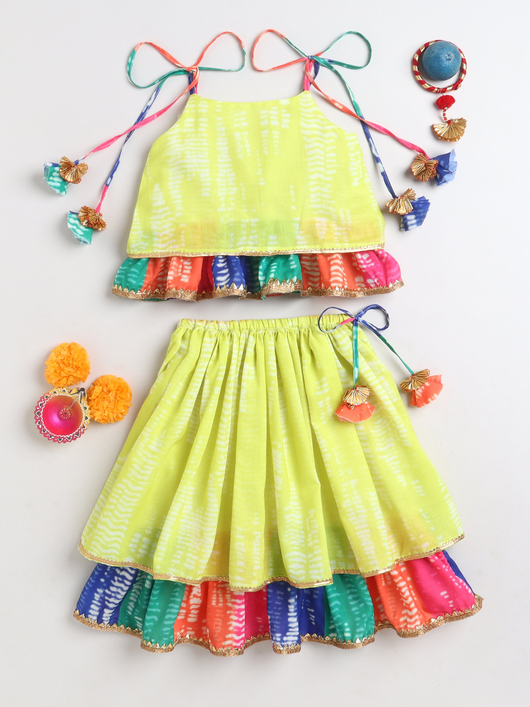 Girls Lime Green Tie-Dye Printed Chaniya Choli with Multicolour Layered Skirt & Tassel Detailing