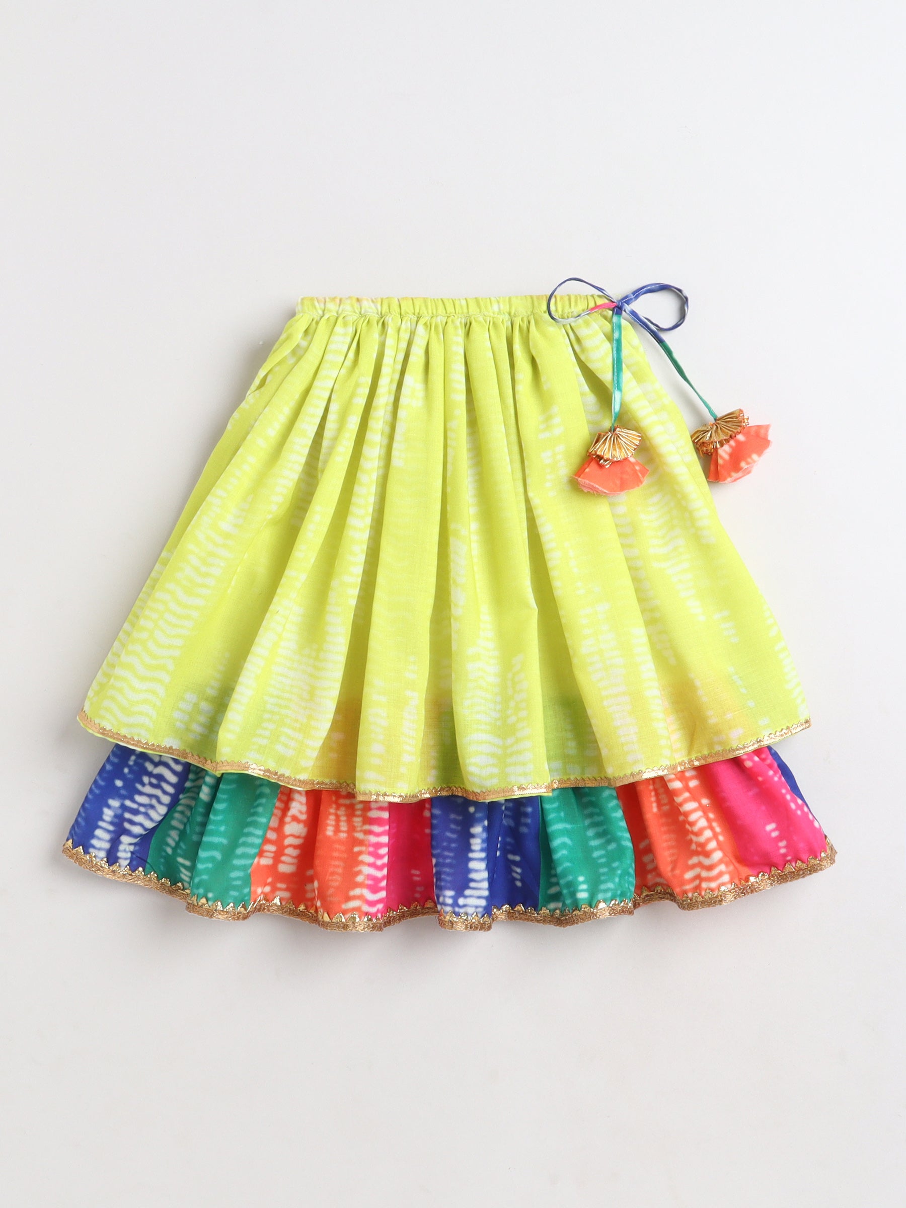 Girls Lime Green Tie-Dye Printed Chaniya Choli with Multicolour Layered Skirt & Tassel Detailing