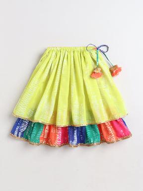 Girls Lime Green Tie-Dye Printed Chaniya Choli with Multicolour Layered Skirt & Tassel Detailing