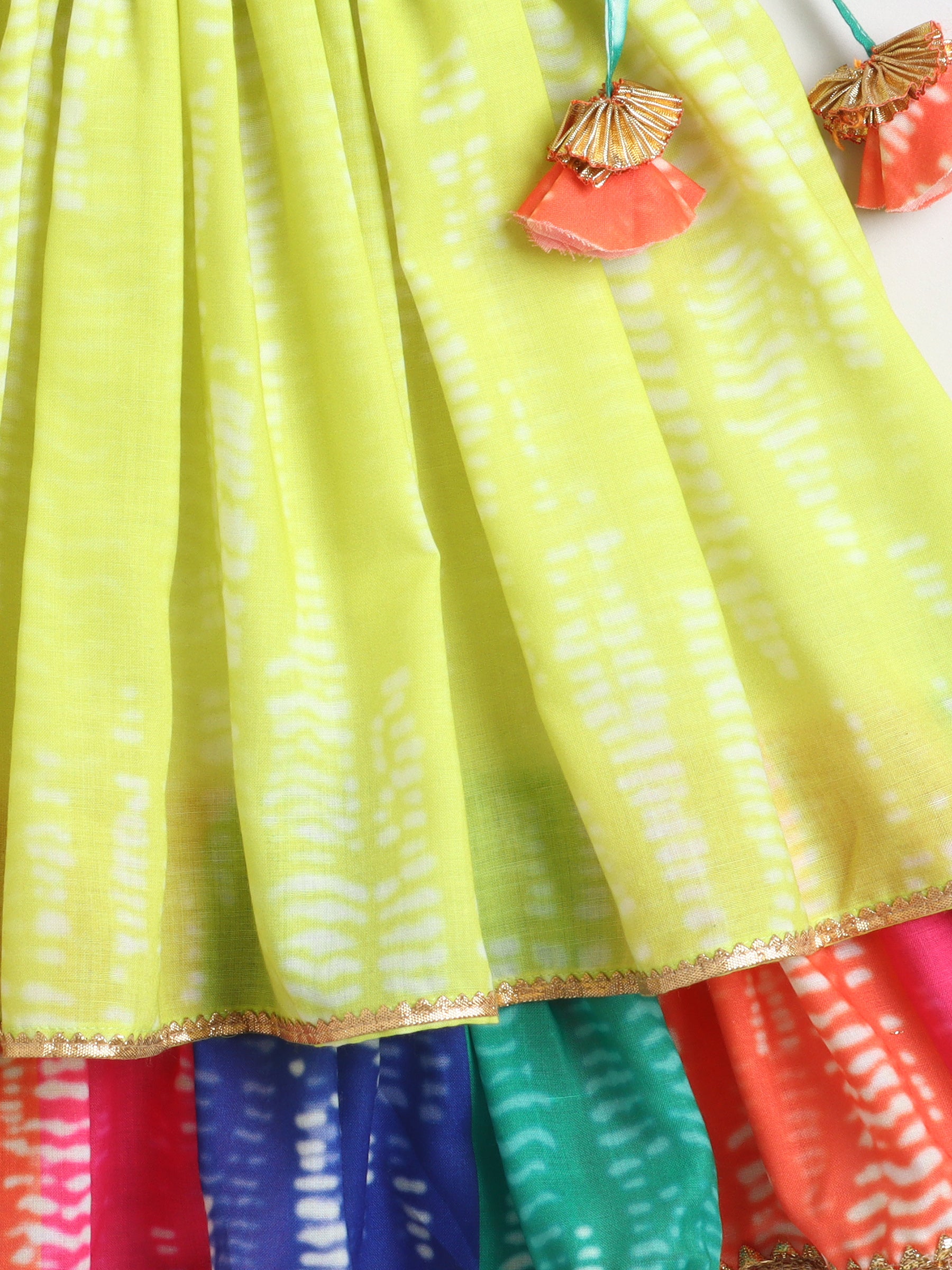 Girls Lime Green Tie-Dye Printed Chaniya Choli with Multicolour Layered Skirt & Tassel Detailing