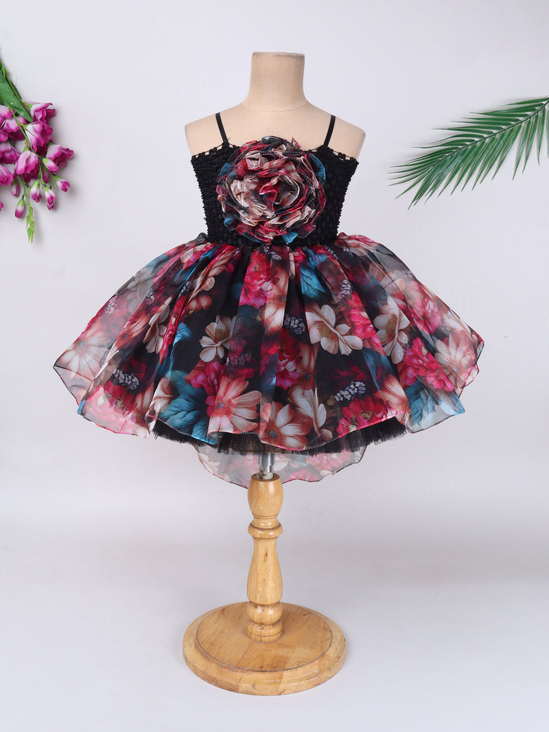 "Floral High-Low Tutu Gown – Vibrant blooms with bold rose accent, perfect for birthdays & parties."