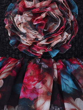 "Floral High-Low Tutu Gown – Vibrant blooms with bold rose accent, perfect for birthdays & parties."