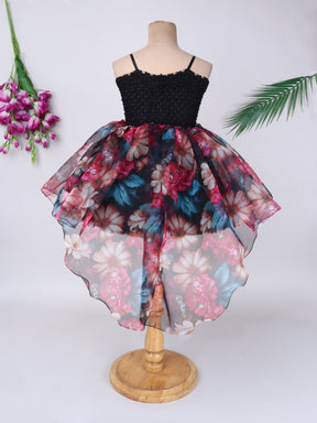 "Floral High-Low Tutu Gown – Vibrant blooms with bold rose accent, perfect for birthdays & parties."