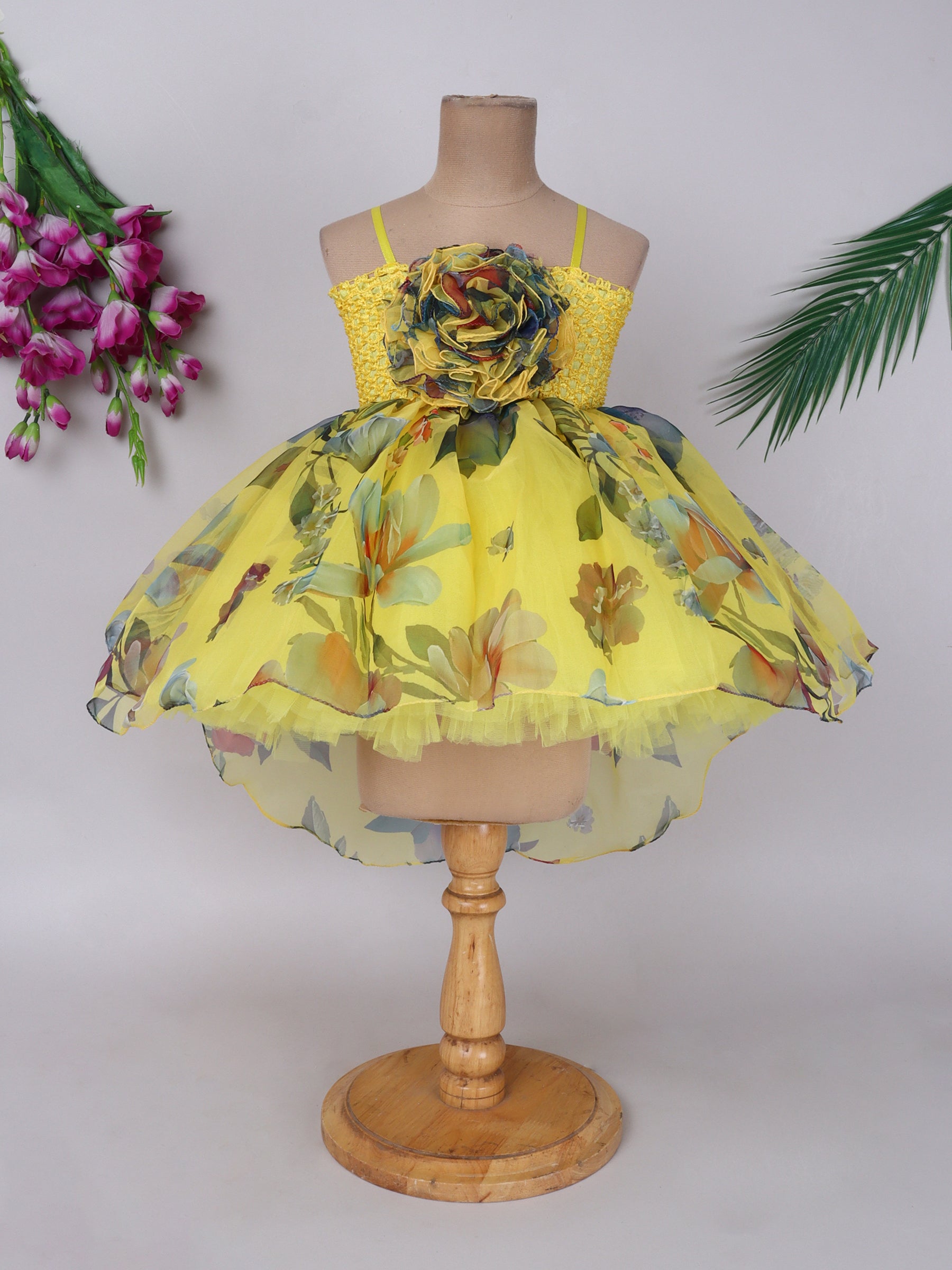 "Floral High-Low Tutu Gown – Vibrant blooms with bold rose accent, perfect for birthdays & parties."