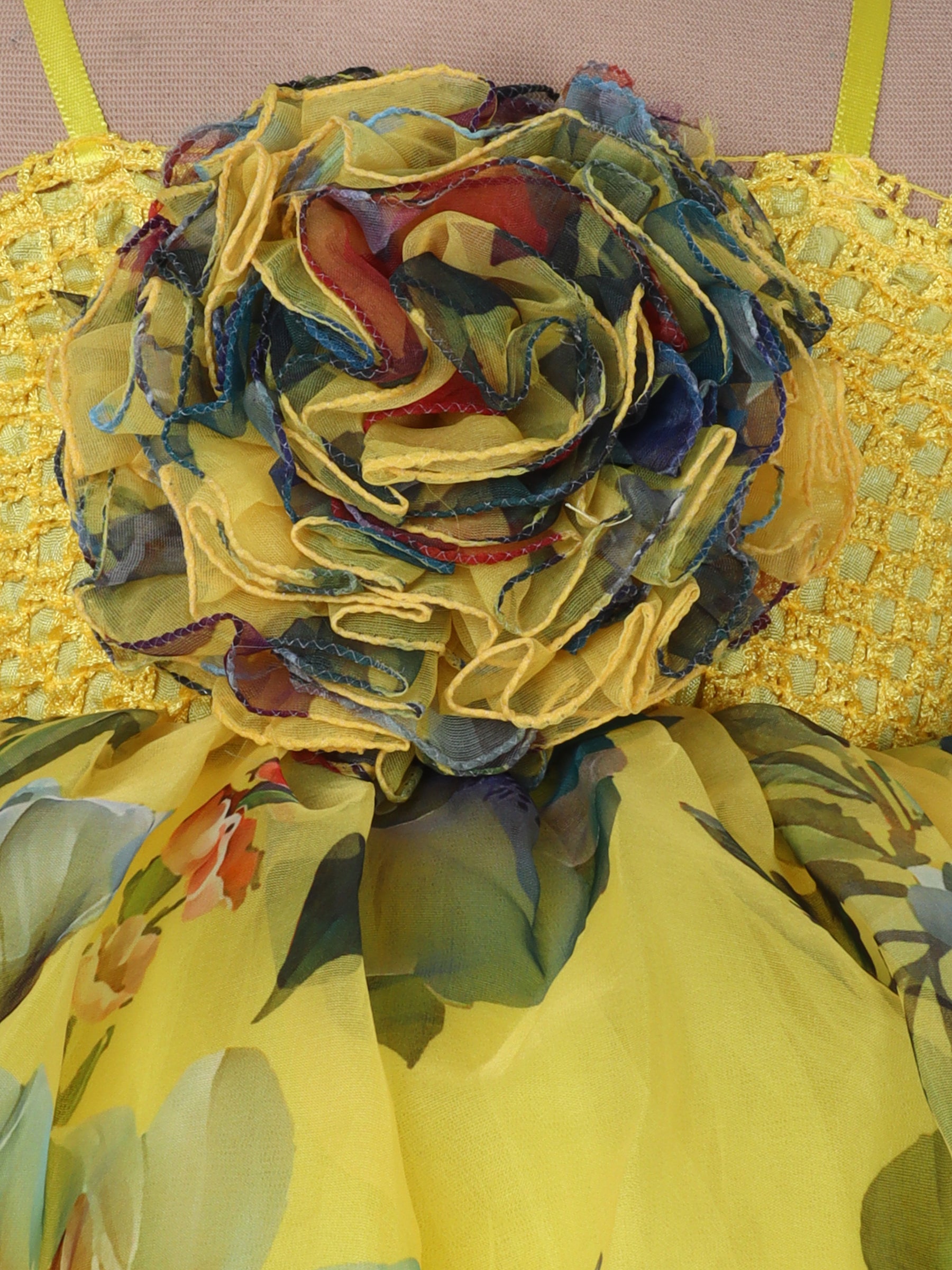 "Floral High-Low Tutu Gown – Vibrant blooms with bold rose accent, perfect for birthdays & parties."