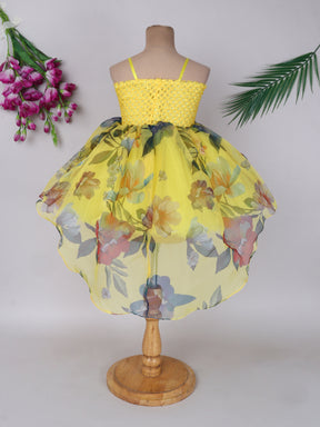 "Floral High-Low Tutu Gown – Vibrant blooms with bold rose accent, perfect for birthdays & parties."