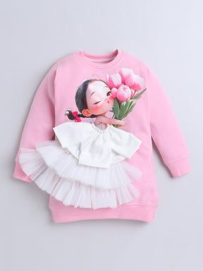 Pink Girl & Tulip Knee Length Sweatshirt  Dress