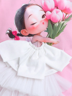 Pink Girl & Tulip Knee Length Sweatshirt  Dress