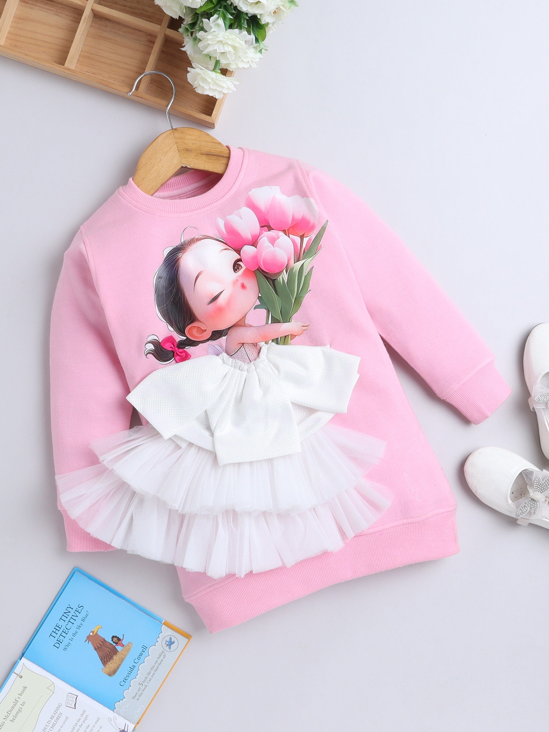 Pink Girl & Tulip Knee Length Sweatshirt  Dress