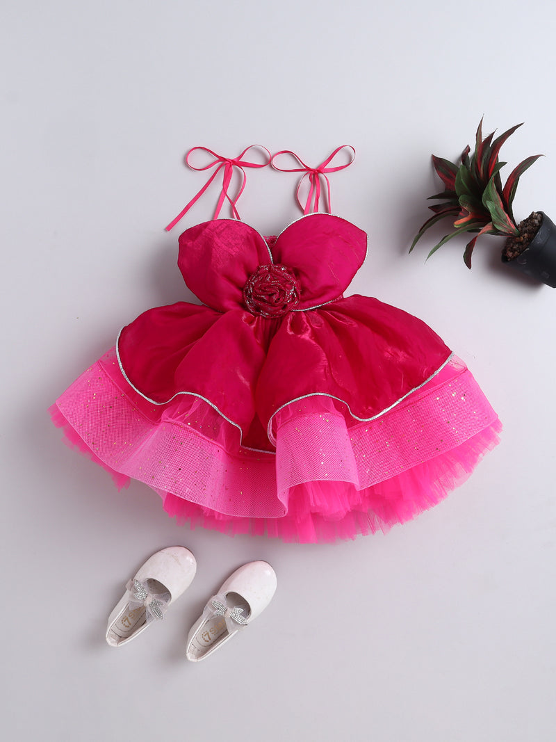 Hot Pink Layered Party Dress with Big Bow & Flower Detail