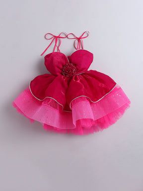 Hot Pink Layered Party Dress with Big Bow & Flower Detail